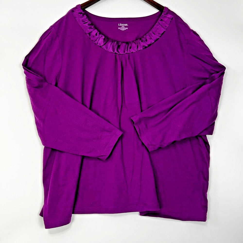 Liz &‎ Me Long Sleeve Shirt 5X Purple Satin Scoop Neck Top Cotton Elegant